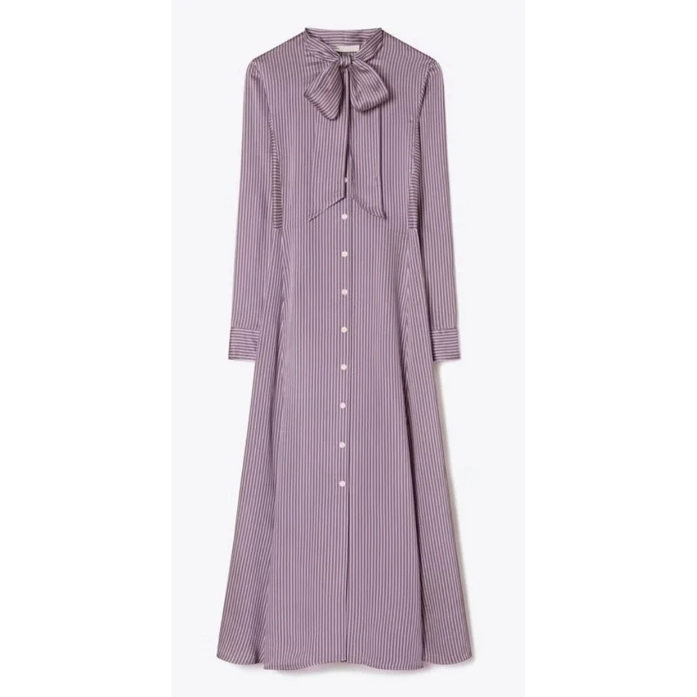 Tory Burch Purple Striped Candystripe Viscose Shirt dress Belt Tie New Sz-6 898$